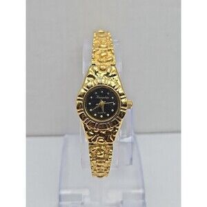 Hampden Women Quartz Goldtone Nugget Bracelet Watch Japan Movt New Battery Black
